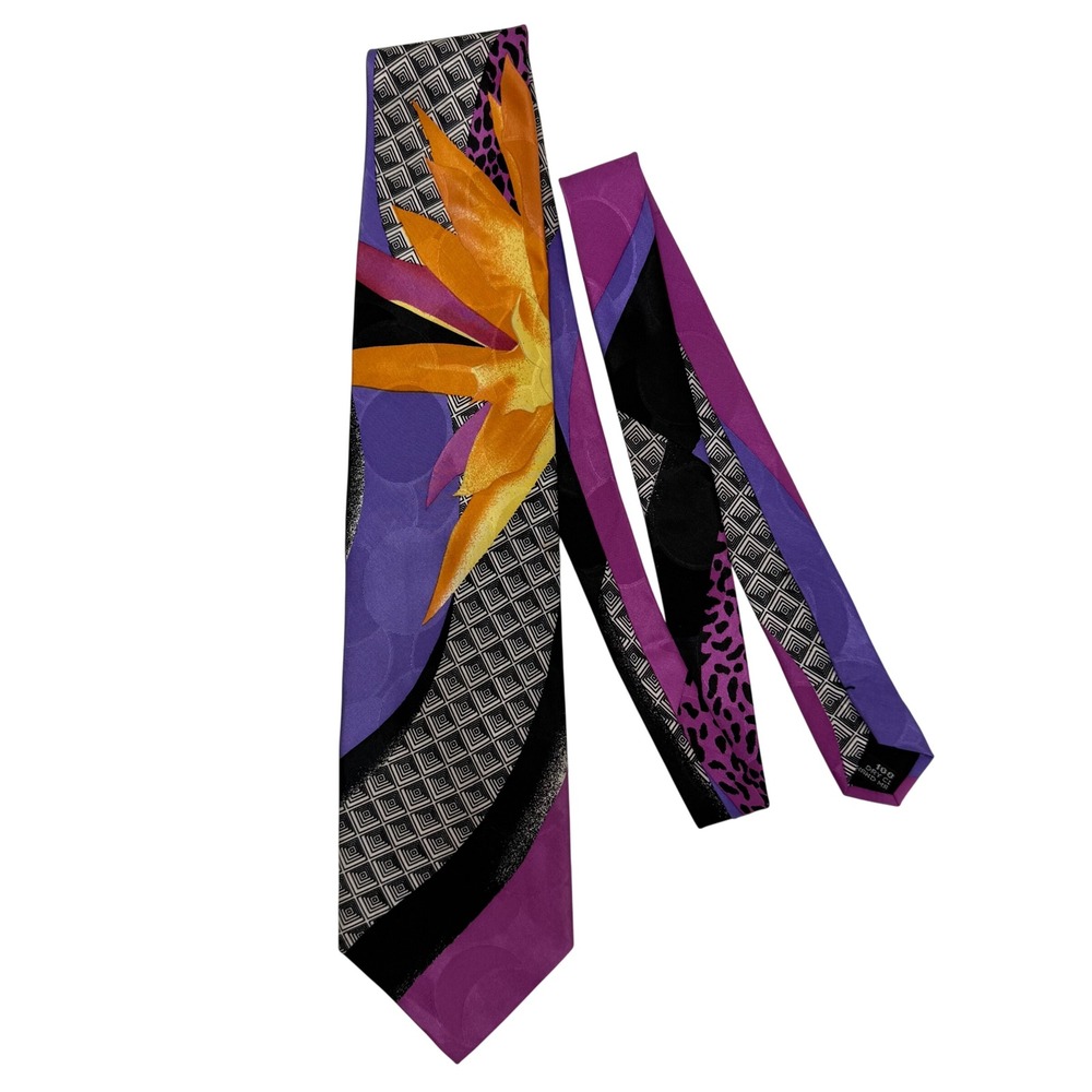VTG Pavone Italy 100% Silk Tie Purple Magenta Floral Geometric 80s Statement‎